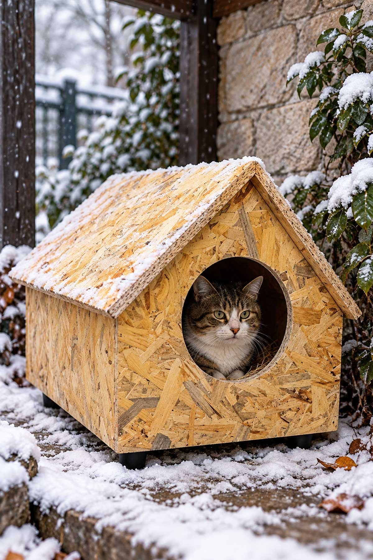 Reyo Yetişkin Kedi Evi Dış Ortama Uygun Ahşap Kedi Evi OSB, Kedi Barınağı 55x40x40 cm Kedi Yuvası CAT33