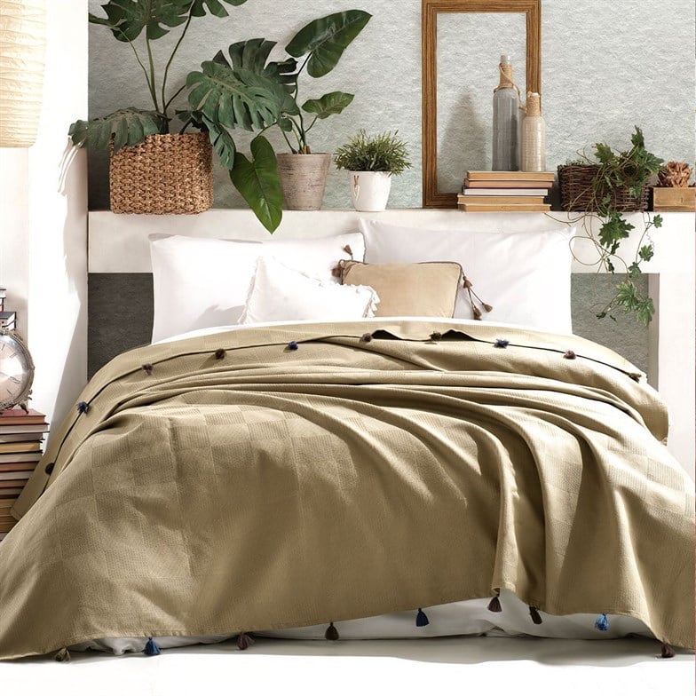 Reyo Home %100 Pamuk Püsküllü Pike Ve Yatak Örtüsü 220x240 Bej