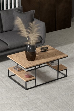 Reyo Falez Deluxe Raflı Orta Sehpa 60x90 cm Modern Dikdörtgen Orta Sehpa Atlantik Çam