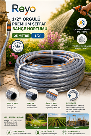 Reyo 1/2'' Örgülü Premium Şeffaf Bahçe Hortumu 25 Metre 