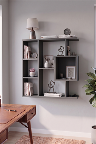 Enda Home Yegane Duvar Rafı, Duvar Kitaplığı, Dekoratif Kitaplık, Modern Kitaplık, Zeminde veya Duvarda Kullanıma Uygun Antrasit