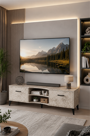Reyo Falez Vera Tv Sehpası 160x35x50 cm Çok Amaçlı Televizyon Ünitesi Raflı Dolaplı Salon Oturma Odası 5056 Traverten