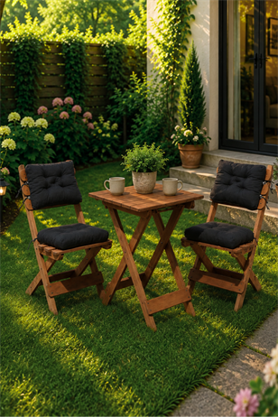 Reyo Premium 3'lü Ahşap Balkon Bahçe Seti – Minderli Katlanır Bistro Masa Sandalye Ceviz/Antrasit