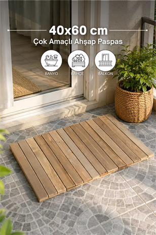 Reyo 40x60cm Ahşap İpli Banyo Paspası, Bahçe Balkon Paspası  