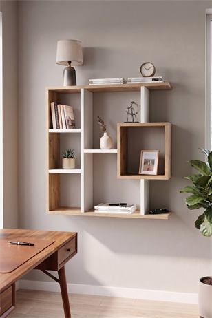 Enda Home Yegane Duvar Rafı, Duvar Kitaplığı, Dekoratif Kitaplık, Modern Kitaplık, Zeminde veya Duvarda Kullanıma Uygun Beyaz - Çam