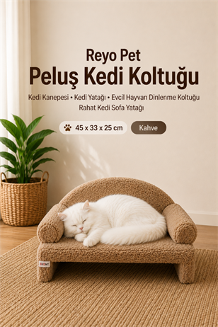 Reyo Pet Peluş Kedi Koltuğu, Kedi Kanepesi, Kedi Yatağı, Evcil Hayvan Dinlenme Koltuğu, Rahat Kedi Sofa Yatağı, 45x33x25 cm Kahve