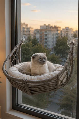 Reyo Lüxperi Hilal Kedi Cam Yatağı & Vantuzlu Cam Yatağı & Kedi Pencere Yatağı Açık Gri