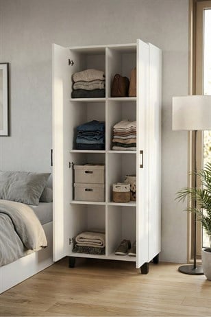 Reyo Falez Çok Amaçlı 2 Kapaklı 8 Gözlü Dolap 70x45x185 cm, Kiler,Mutfak,Balkon ve Banyo Depolama Dolabı - Beyaz