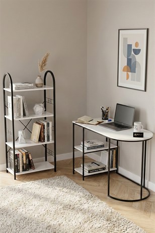 Reyo Falez Çalışma Masası ve Kitaplık Seti Metal Ayaklı,Minimalist Tasarım,Geniş Masa Alanı,Çok Raflı Beyaz