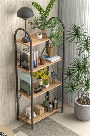 Reyo Falez 4 Raflı Metal Atlantik Çam Çok Amaçlı Kitaplık Çam