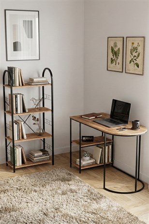 Reyo Falez Çalışma Masası ve Kitaplık Seti Metal Ayaklı,Minimalist Tasarım,Geniş Masa Alanı,Çok Raflı Atlantik Çam