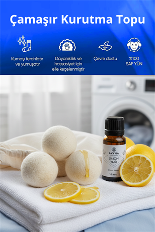 Reyo 3'lü Çamaşır Yün Kurutma Topu + %100 Saf Limon Esansı Hediye - Doğal ve Çevre Dostu