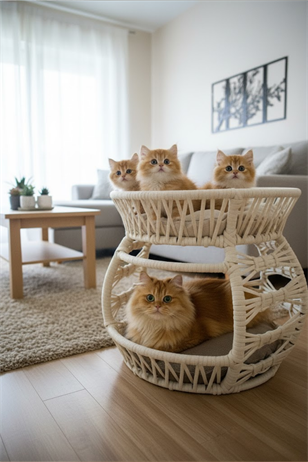 Reyo Pet Lüxperi Bombeli Kedi Ranzası, Kedi Yatağı Puf Minderli 2 Katlı Kedi Yatağı