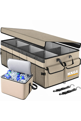 HAEGS Araç Bagaj Düzenleyici, Soğutucu Çantalı Bagaj Organizer Sağlam Katlanabilir, Otomobil ve SUV`lar için, Cepli, 3 Ana Bölmeli, 100L: 90x40x28 cm - Bej
