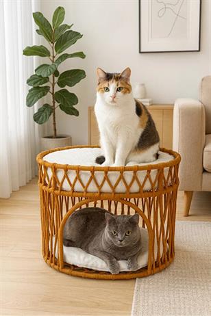 Tasaryum Çift Katlı Kedi Yatağı Kedi Ranzası, İskandinav Kedi Evi Kahverengi