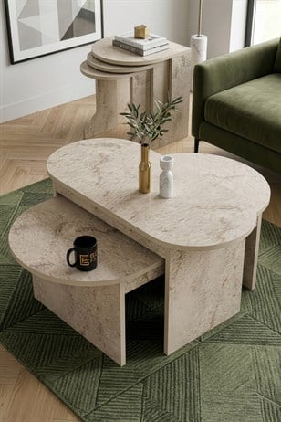 Reyo Falez Setro 9535 5'li Sehpa Takımı - Traverten Desenli İkili Orta Sehpa ve 3'lü Zigon Yan Sehpa Seti