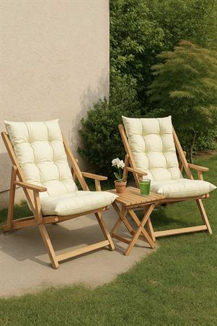 Bysay Ahşap Katlanabilir Taşınır Puf Minderli Kollu Kademeli Şezlong Plaj, Bahçe Şezlong 3lü Set Krem