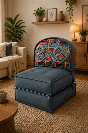 Pufymax Comfy Plus Oval Bohem Tekli Koltuk Yatak Olabilen Katlanır Berjer & Modüler Yer Yatağı 75x75x 90 cm Yeşil Desenli