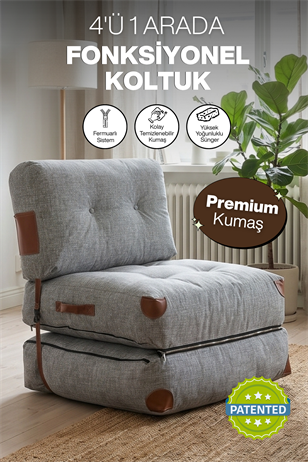 Pufymax Comfy Yeni Nesil Bohem Tekli Koltuk Yatak Olabilen Katlanır Berjer & Modüler Yer Yatağı 75x75x 85 cm Keten Gri