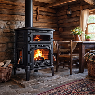 Volkan V-09 Üç Camlı Yan Kapak Fırınlı Döküm Şömine Soba