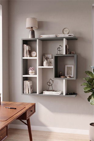 Enda Home Yegane Duvar Rafı, Duvar Kitaplığı, Dekoratif Kitaplık, Modern Kitaplık, Zeminde veya Duvarda Kullanıma Uygun Beyaz - Antrasit