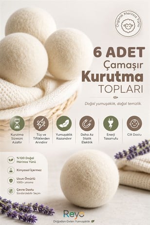 Reyo 6 Adet Doğal Çamaşır Yün Kurutma Topu Yumuşatıcı İçin Kurutma Topları Büyük Boy