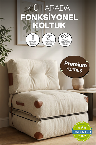 Pufymax Comfy Yeni Nesil Bohem Tekli Koltuk Yatak Olabilen Katlanır Berjer & Modüler Yer Yatağı 75x75x 85 cm Keten Krem