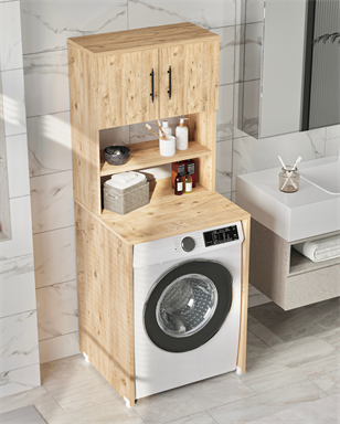 Enda Home Çamaşır Makinesi Dolabı 3 Raflı Kapaklı Banyo Dolabı Atlantik Çam