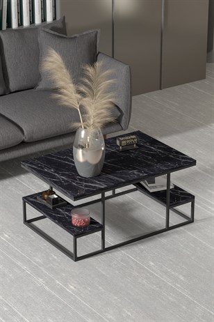 Reyo Falez Deluxe Raflı Orta Sehpa 60x90 cm Modern Dikdörtgen Orta Sehpa Siyah Mermer Desen