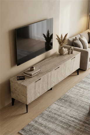 Reyo Falez Royal TV Sehpası 160 cm TV Ünitesi Kapaklı Modern Şık Minimal Salon Konsolu 5092 Traverten