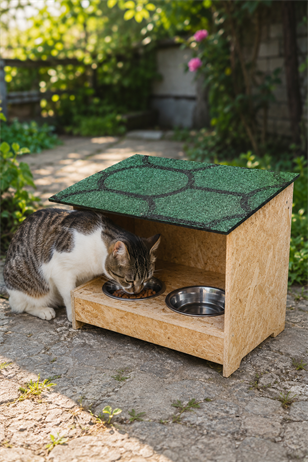 Narım Doğal Ahşap Kedi Mama İstasyonu, 2'li Mama ve Su Kabı, Su Geçirmez Membranlı