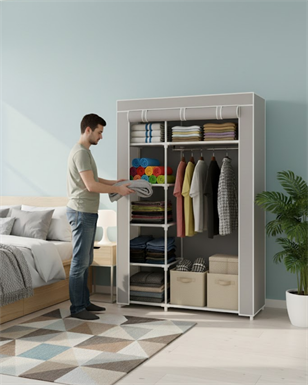 Reyo Teknor Tek Yandan Raflı Askılı Dayanıklı Bez Dolap Gri