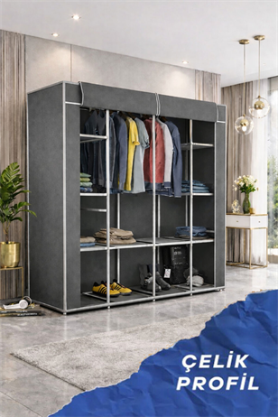 Reyo Teknor Metal Çift Askılı Bez Dolap Gri 150x160x40 cm – Geniş Hacimli Portatif Gardırop, Raflı Kumaş Dolap, Fermuarlı Elbise Düzenleyici