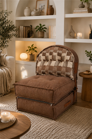 Pufymax Comfy Plus Oval Bohem Tekli Koltuk Yatak Olabilen Katlanır Berjer & Modüler Yer Yatağı 75x75x 90 cm Kahve