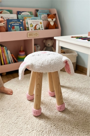 Reyo Hayvan Figürlü Ahşap Amigurumi Çocuk Taburesi Tavşan