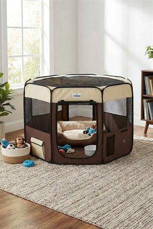 Zampa Pet Park Oyun Alanı, Köpek Çiti, Doğum Evi Krem Kahverengi 91x91x54 cm