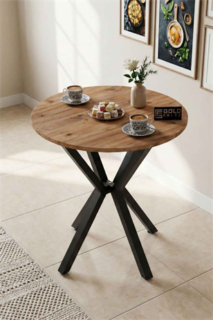 Reyo Falez 70 cm Yuvarlak Mutfak Masası Metal Ayaklı Modern Yemek Balkon Bahçe Kafe Masası Atlantik Çam 9820