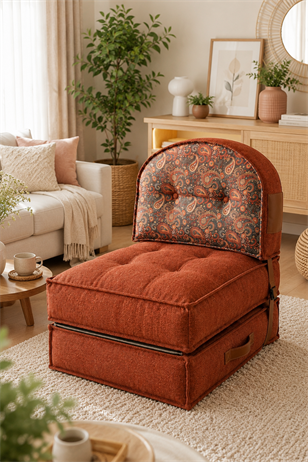 Pufymax Comfy Plus Oval Bohem Tekli Koltuk Yatak Olabilen Katlanır Berjer & Modüler Yer Yatağı 75x75x 90 cm Kiremit Desenli