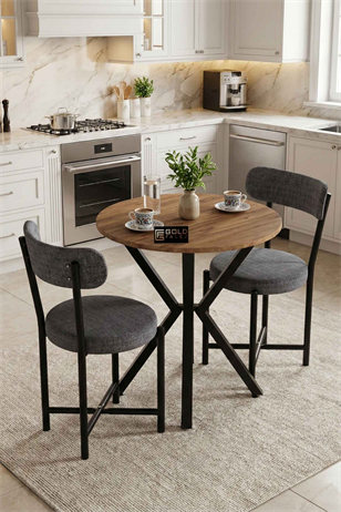 Reyo Falez Teddy Mutfak Masası 70 Çap, Yuvarlak, 2 Sandalyeli  Bahçe Balkon Masa Takımı Modern Set Atlantik Çam-Gri