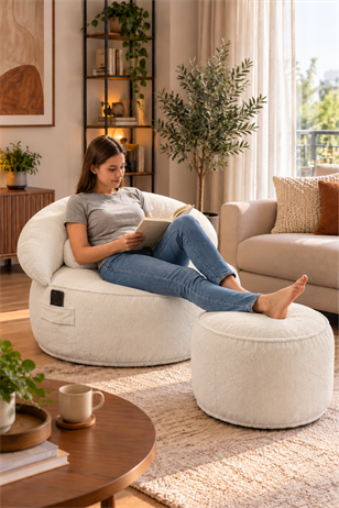 Pufymax Cozy Legom Çok Amaçlı Yuvarlak Puf Koltuk, Rahat Berjer ve Uzanma Koltuğu Beyaz