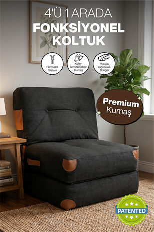 Pufymax Comfy Yeni Nesil Bohem Tekli Koltuk Yatak Olabilen Katlanır Berjer & Modüler Yer Yatağı 75x75x 85 cm Keten Siyah
