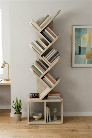 Reyo Falez 10 Raflı Kitaplık Modern Dekoratif Kitap Rafı Çok Katlı Kitap Standı Salon Ofis Organizer 7062 Traverten