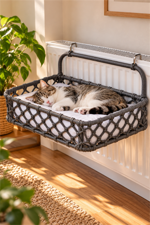 Reyo Tasaryum 48x35 cm Kedi Köpek Kalorifer Yatağı, Radyatöre Asılan Kedi Hamağı, Puf Minderli El Yapımı Evcil Hayvan Yatağı – Füme