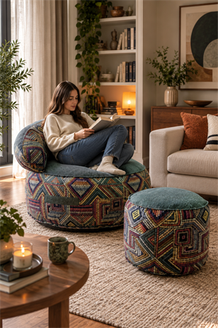 Pufymax Cozy Legom Çok Amaçlı Yuvarlak Puf Koltuk, Rahat Berjer ve Uzanma Koltuğu Yeşil