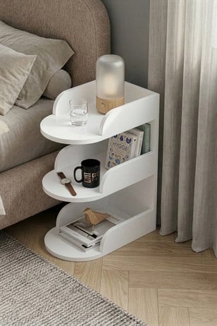 Reyo Falez Komodin Modern Ahşap 3 Katlı Raflı Yan Sehpa Çok Amaçlı Organizer Kitaplık Beyaz