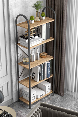 Reyo Falez 5 Geniş Raflı Kitaplık Metal Çerçeveli Modern Raf Çalışma Odası Ofis Salon Kitaplığı Evrak Rafı 180 cm Atlantik Çam