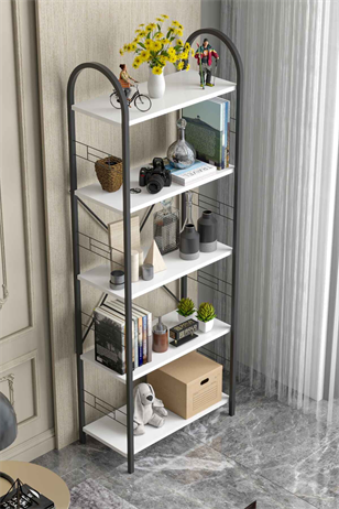 Reyo Falez 5 Geniş Raflı Kitaplık Metal Çerçeveli Modern Raf Çalışma Odası Ofis Salon Kitaplığı Evrak Rafı 180 cm Beyaz