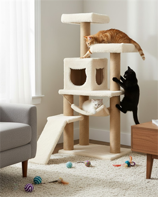 Reyo Pet S-9 Kedi Tırmalama Kulesi Platformlu 124 cm Beyaz
