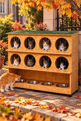 Narım 8 Bölmeli Sokak Kedileri İçin Kedi Evi, 4'lü Kedi Mama ve Su Kabı Standı, OSB Ahşap Yağmur Geçirmez Membran Kaplı Kedi Barınağı (Monteli Teslimat)