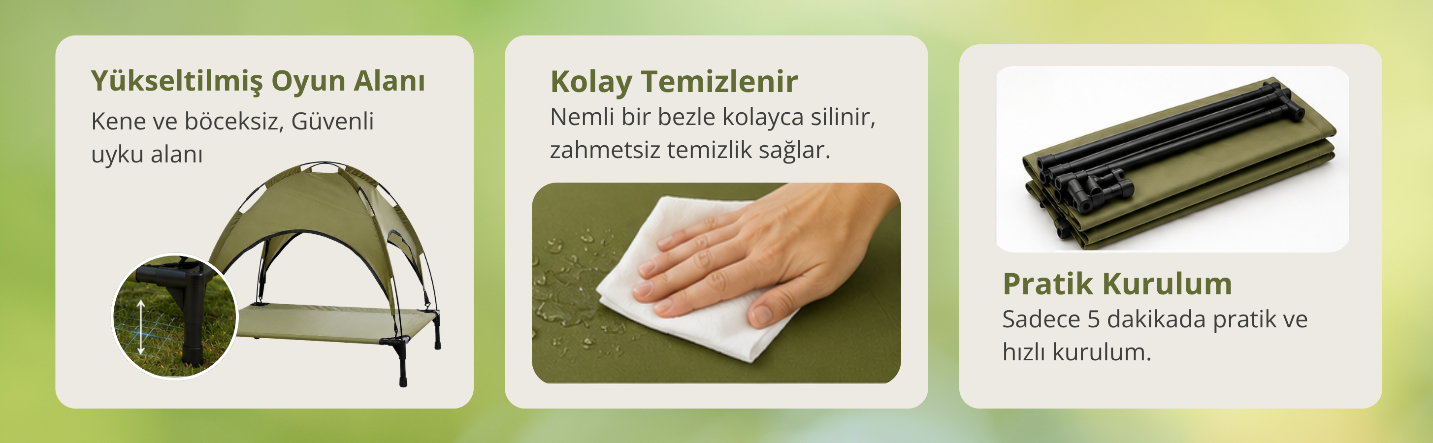 Yükseltilmiş oyun alanı ve kolay temizlenebilir kumaş görseli